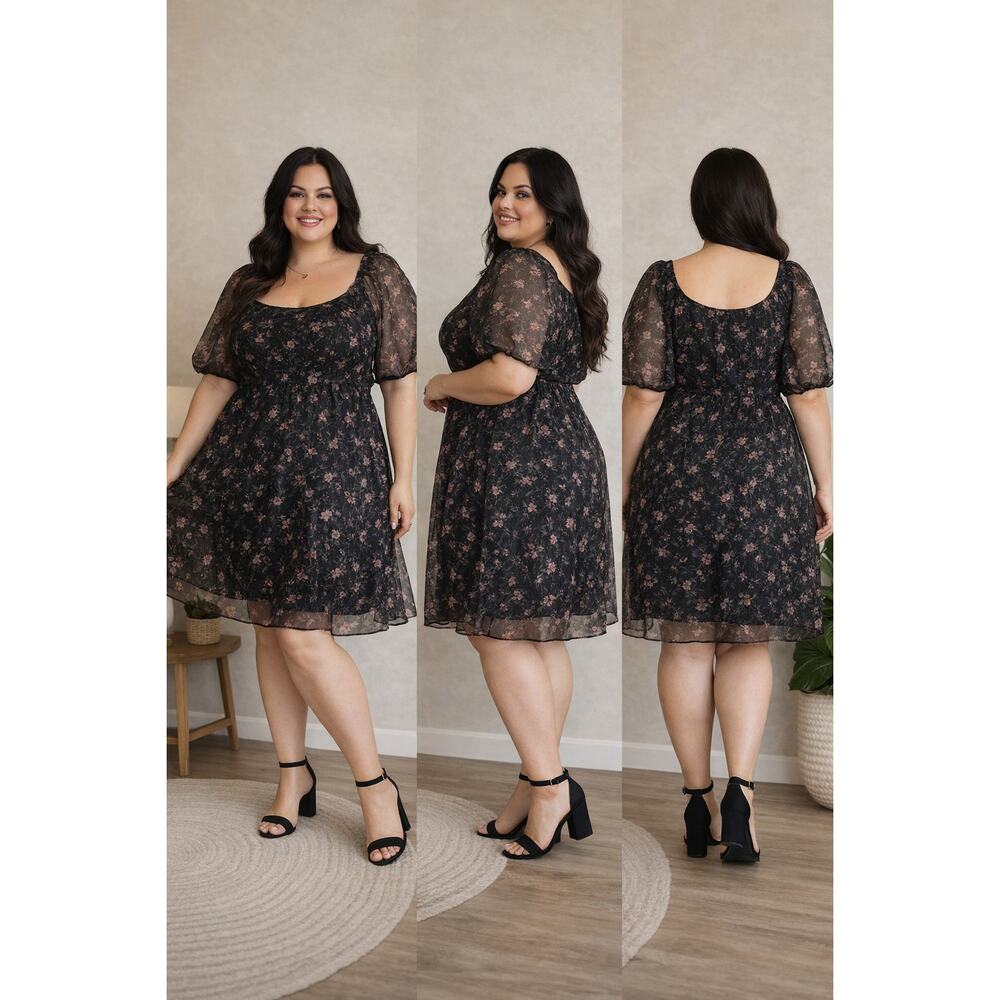 Floral Puff Sleeve Cottagecore Fit Flare Dress Modest Romantic Womens 3X NWT